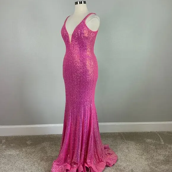 Jovani Sequined Backless Long Mermaid Evening Gown Fuchsia Pink Size 18 Dress - Picture 6 of 11